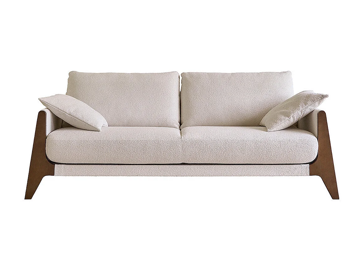 Sofá recto de 4 plazas de madera maciza y bouclette blanco