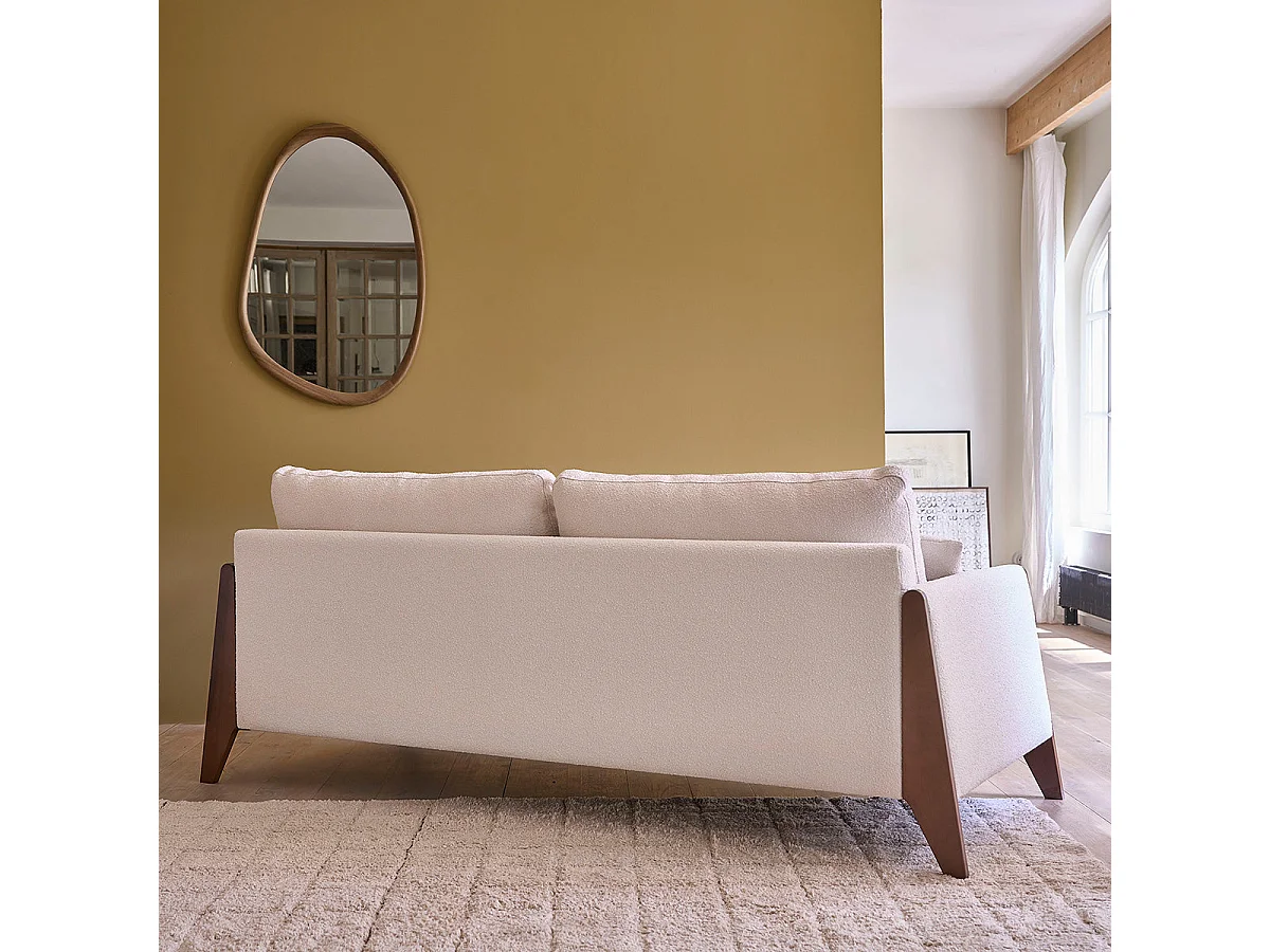 Sofá recto de 4 plazas de madera maciza y bouclette blanco