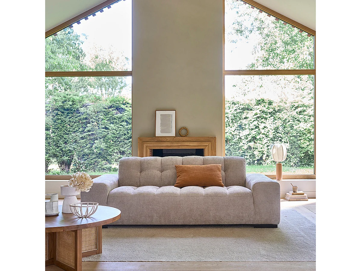 Divano lineare a 3 posti in velluto intrecciato beige