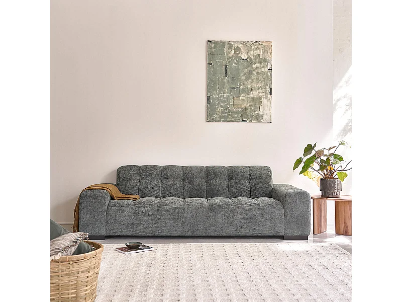 Canapé droit 4 places en velours tressé vert de gris