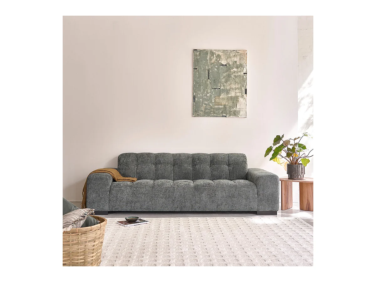 Canapé droit 4 places en velours tressé vert de gris