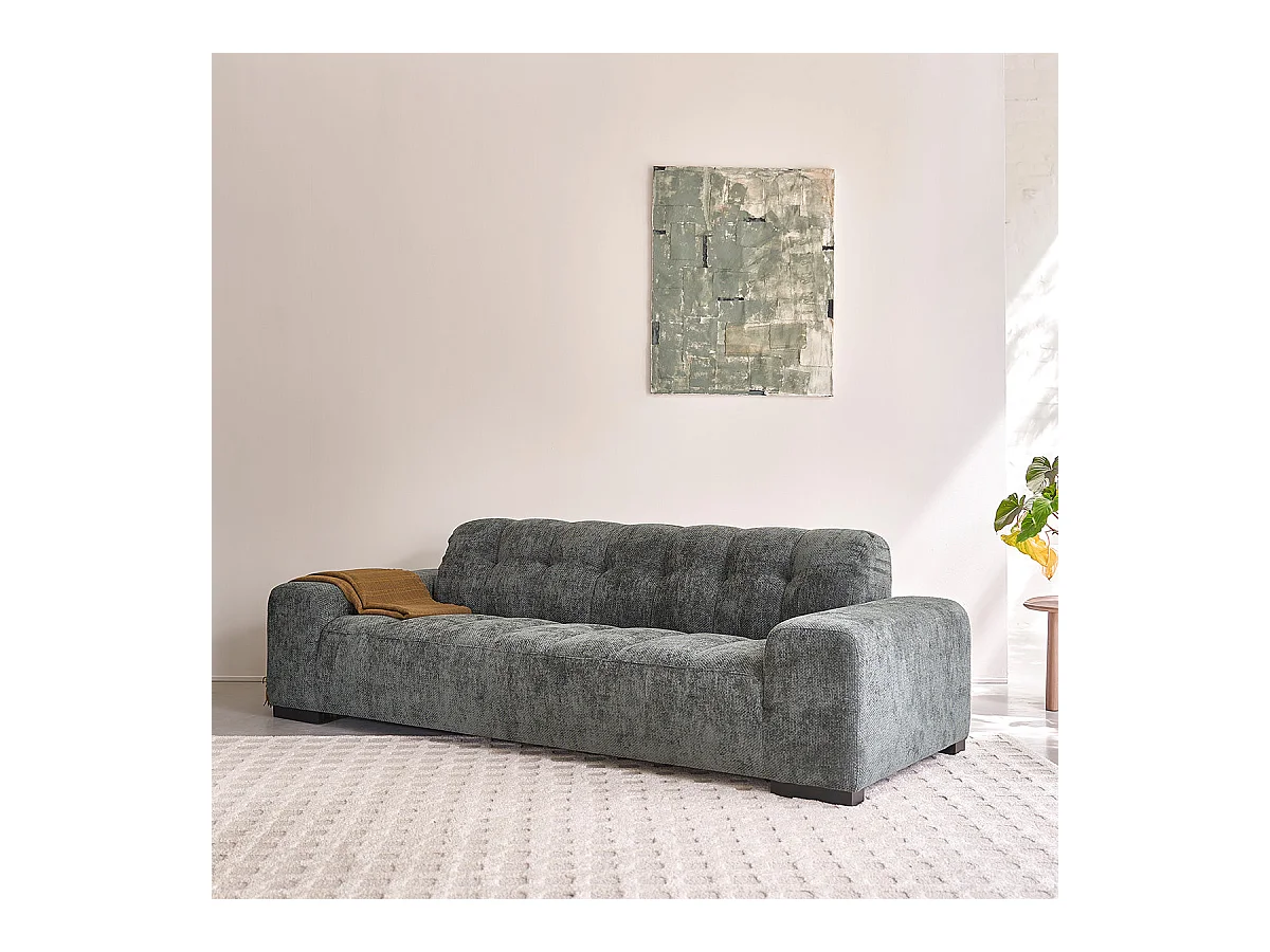 Canapé droit 4 places en velours tressé vert de gris