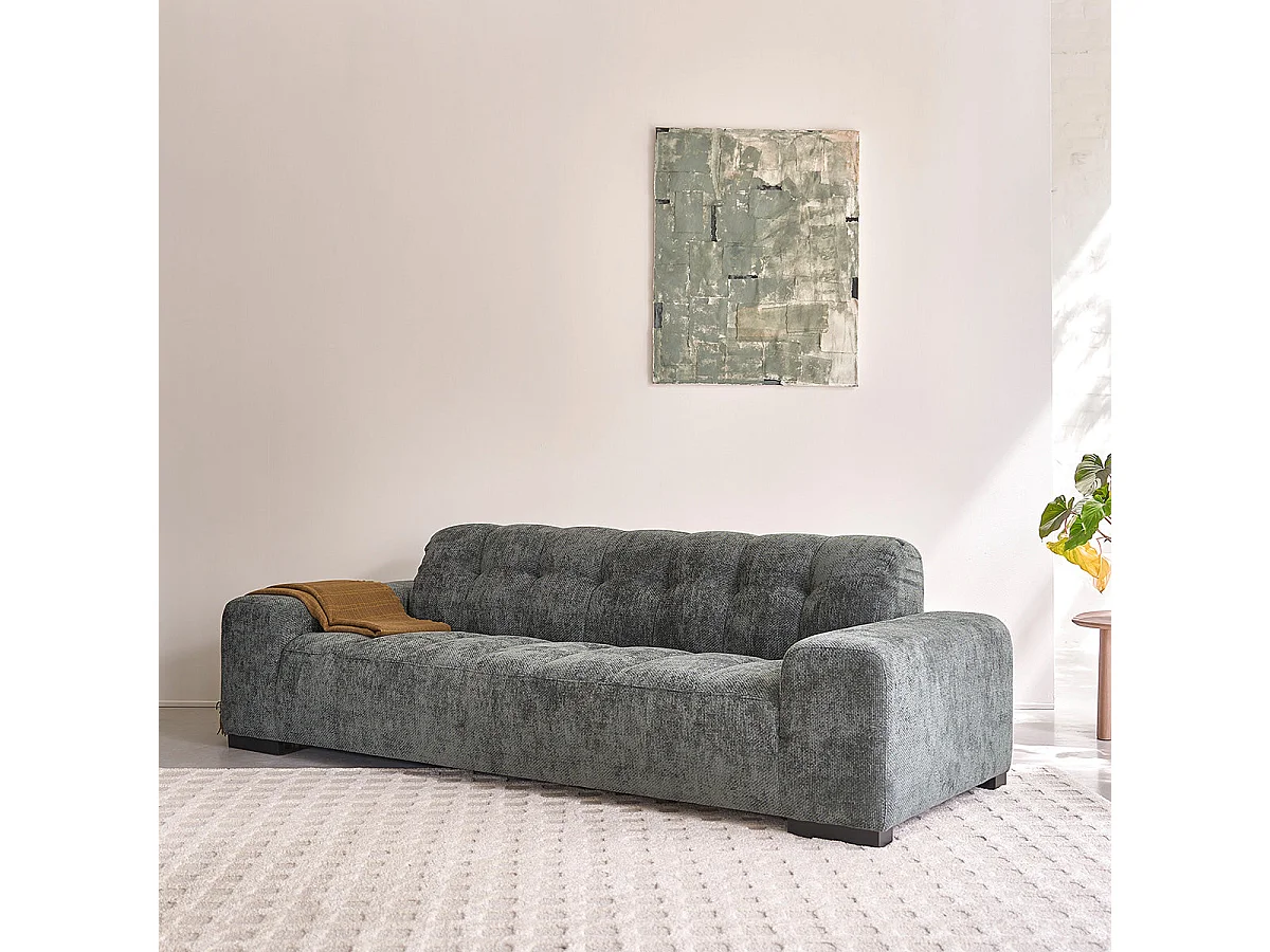 Divano lineare a 4 posti in velluto intrecciato grigio-verde