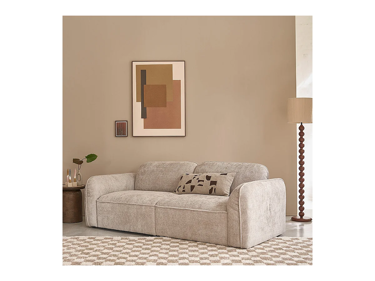 Canapé droit 3 places en velours tressé beige