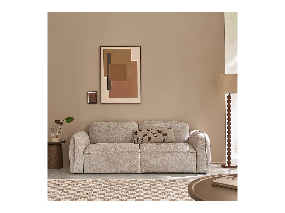 Divano lineare a 3 posti in velluto intrecciato beige
