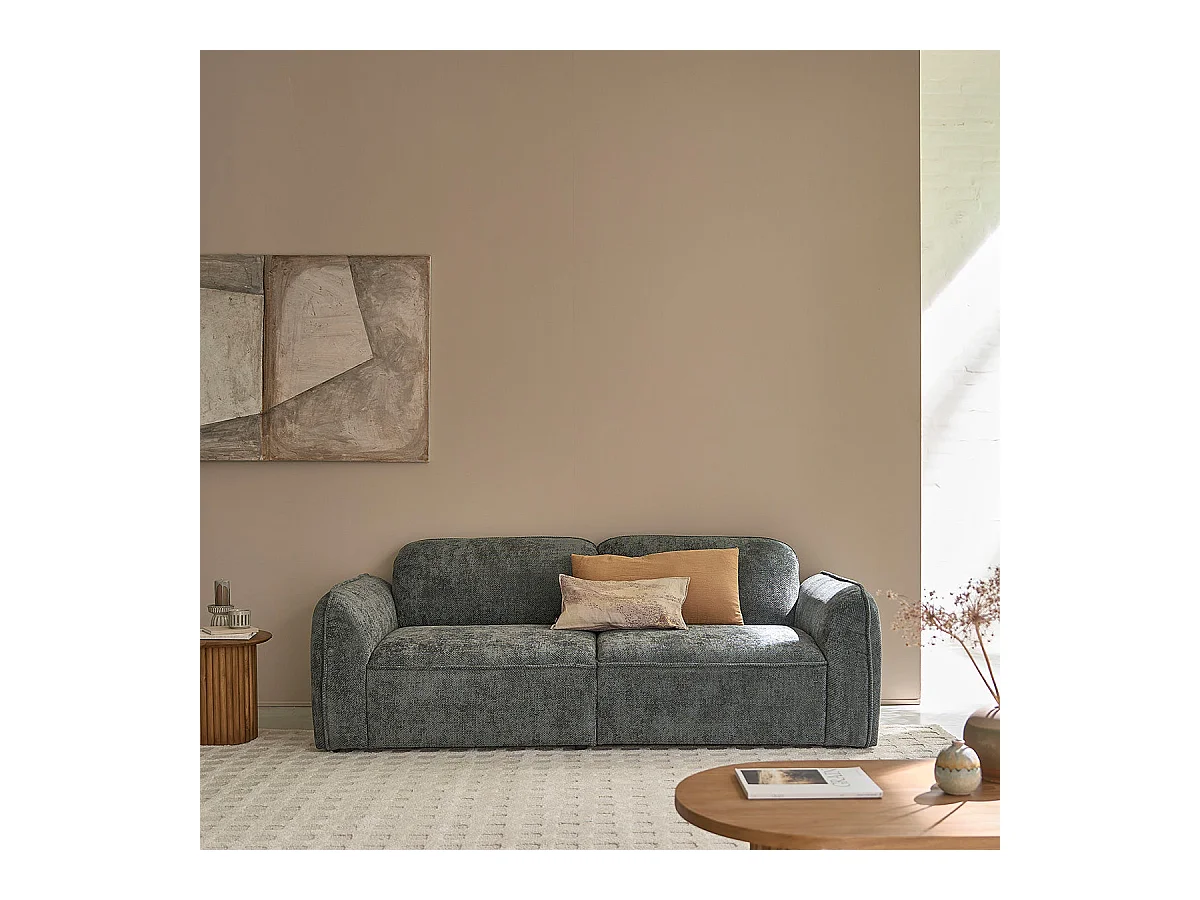 Canapé droit 3 places en velours tressé vert de gris