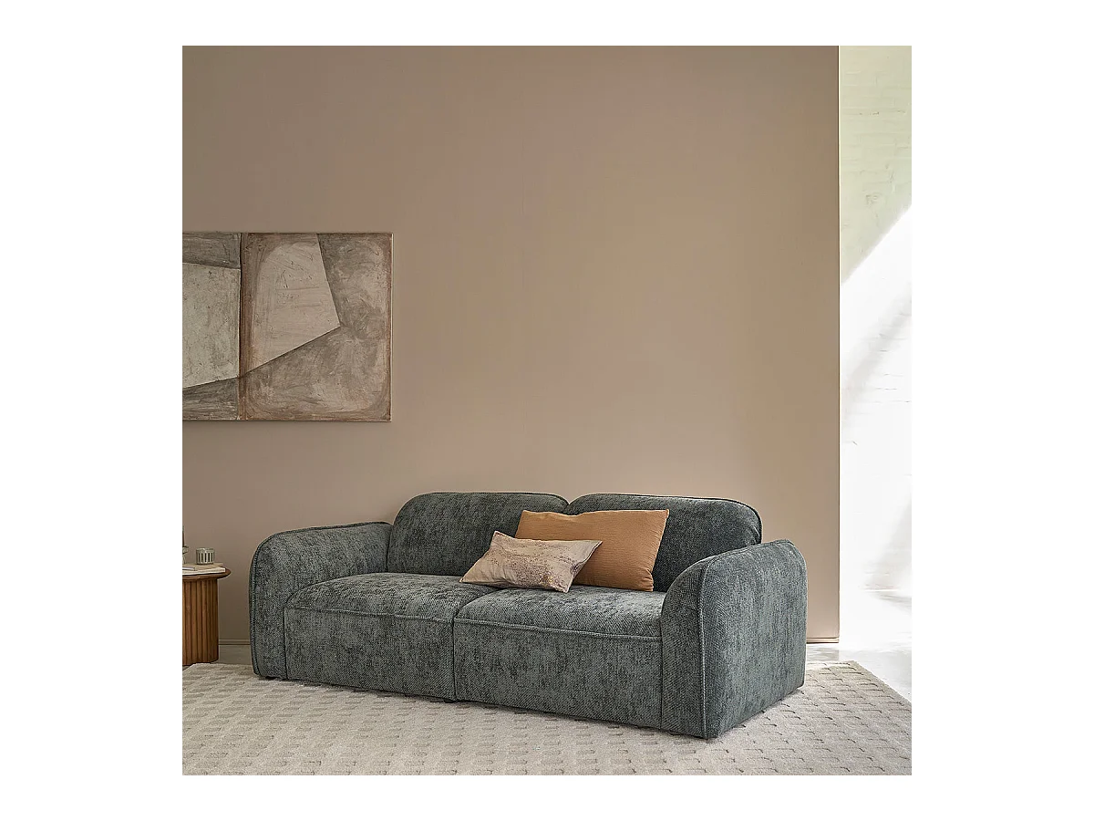 Canapé droit 3 places en velours tressé vert de gris