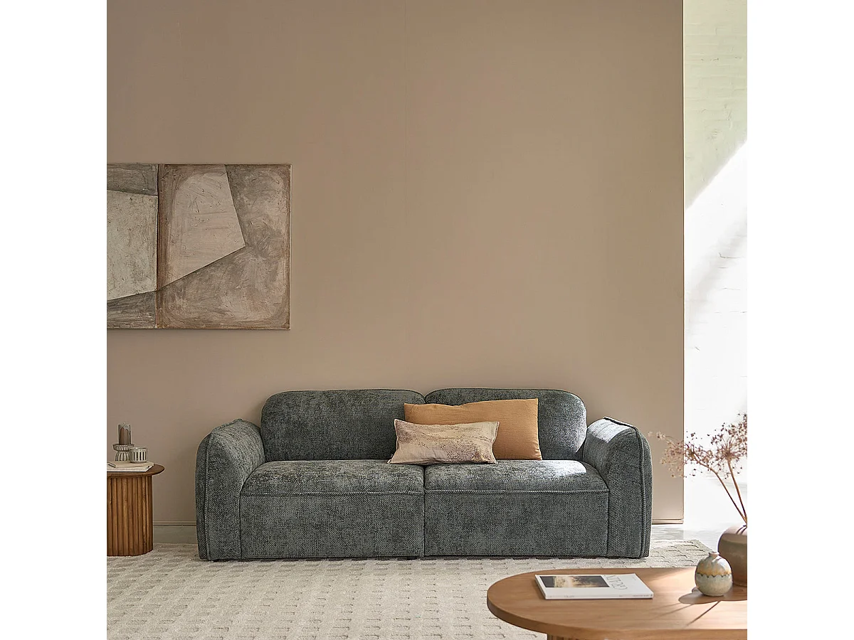 Divano lineare a 3 posti in velluto testurizzato grigio-verde