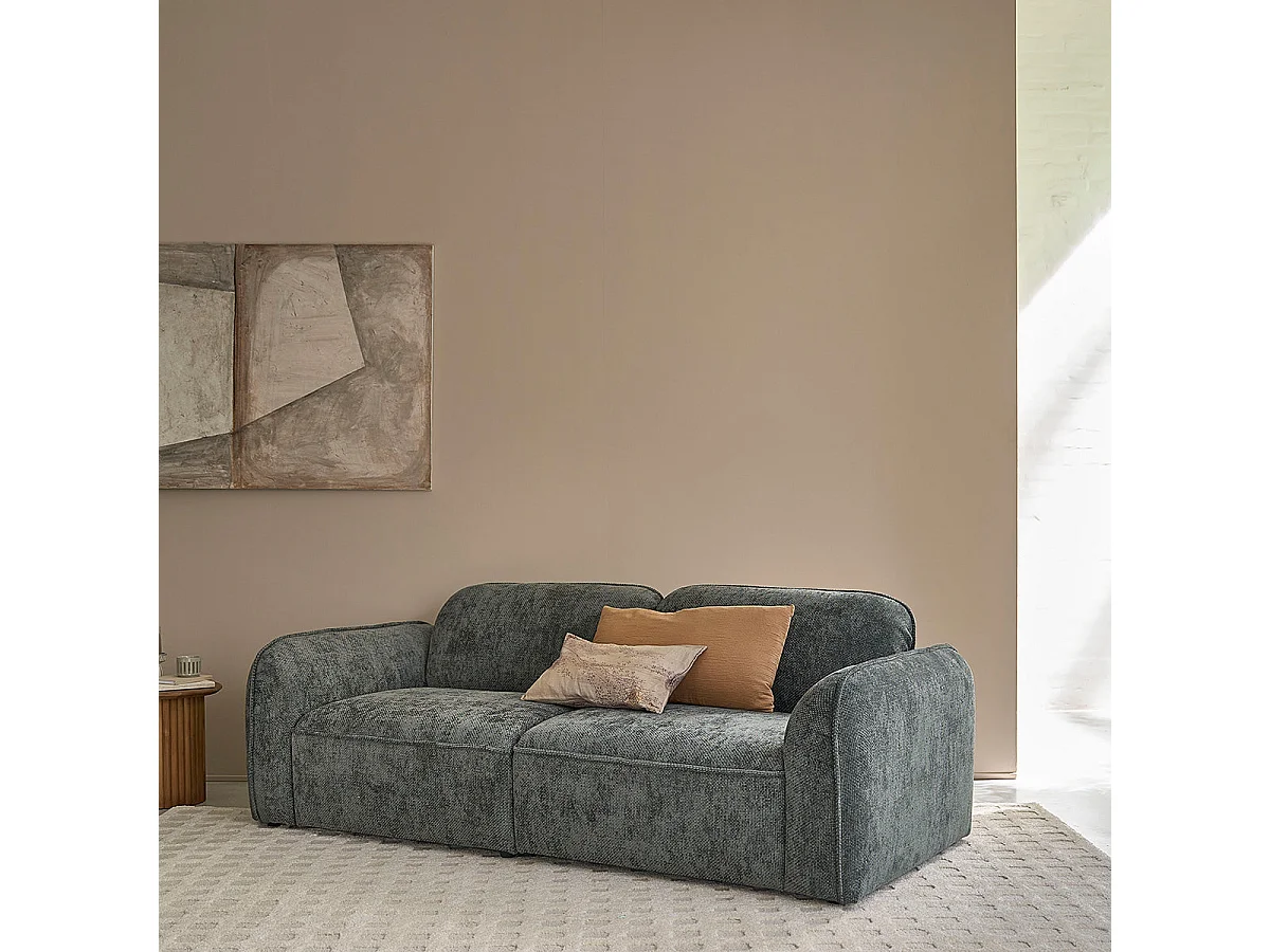 Divano lineare a 3 posti in velluto testurizzato grigio-verde