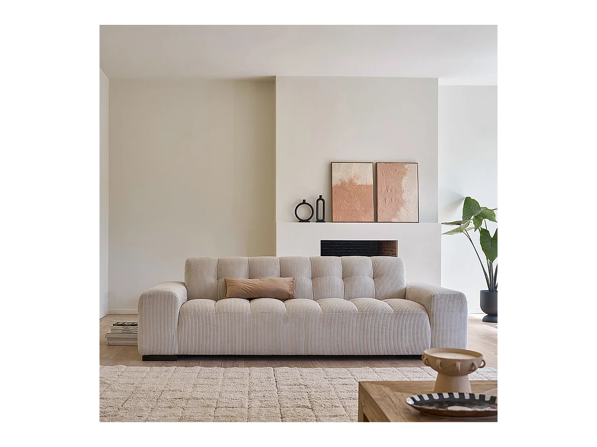 Divano lineare 4 posti in velluto a coste ecrù