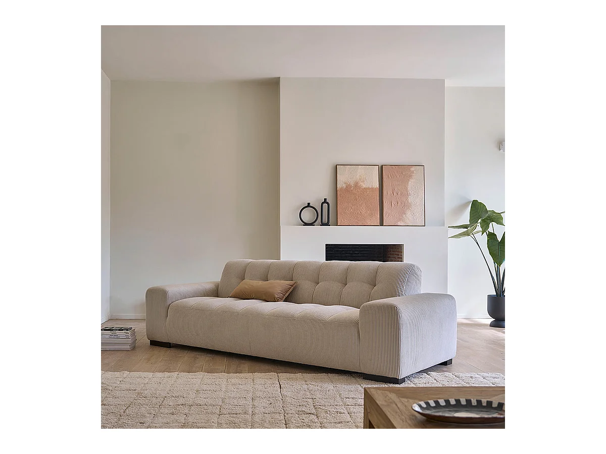 Divano lineare 4 posti in velluto a coste ecrù