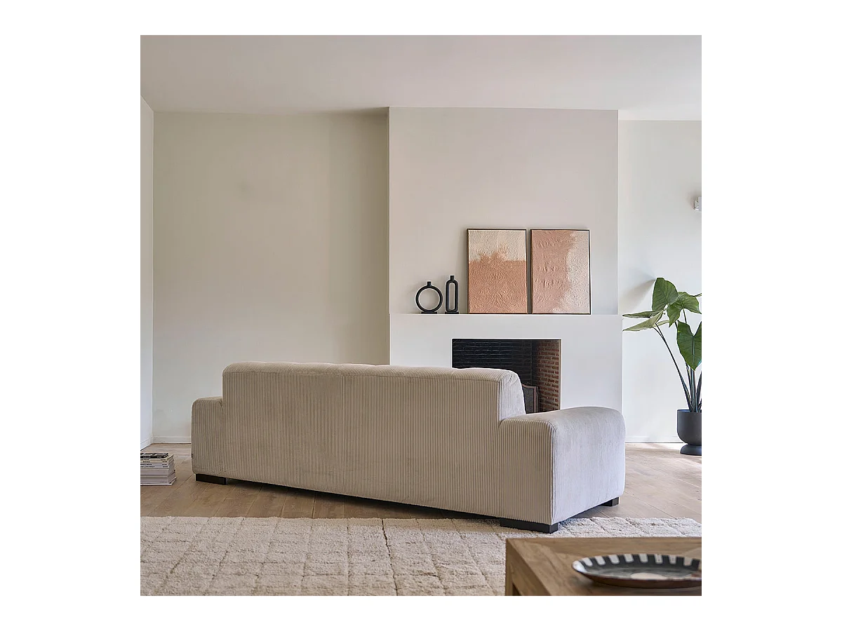 Divano lineare 4 posti in velluto a coste ecrù