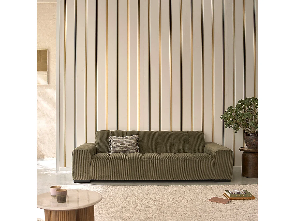 Canapé droit 4 places en velours côtelé kaki