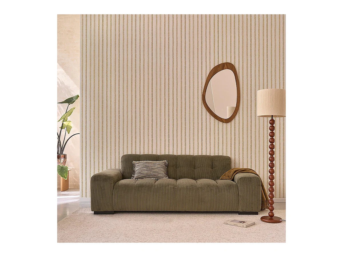 Canapé droit 3 places en velours côtelé kaki