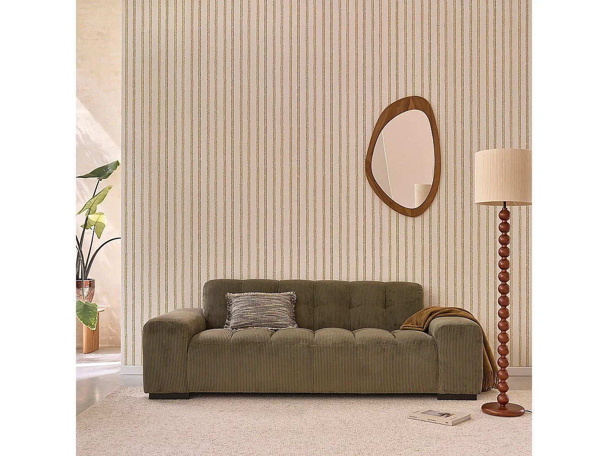 Canapé droit 3 places en velours côtelé kaki
