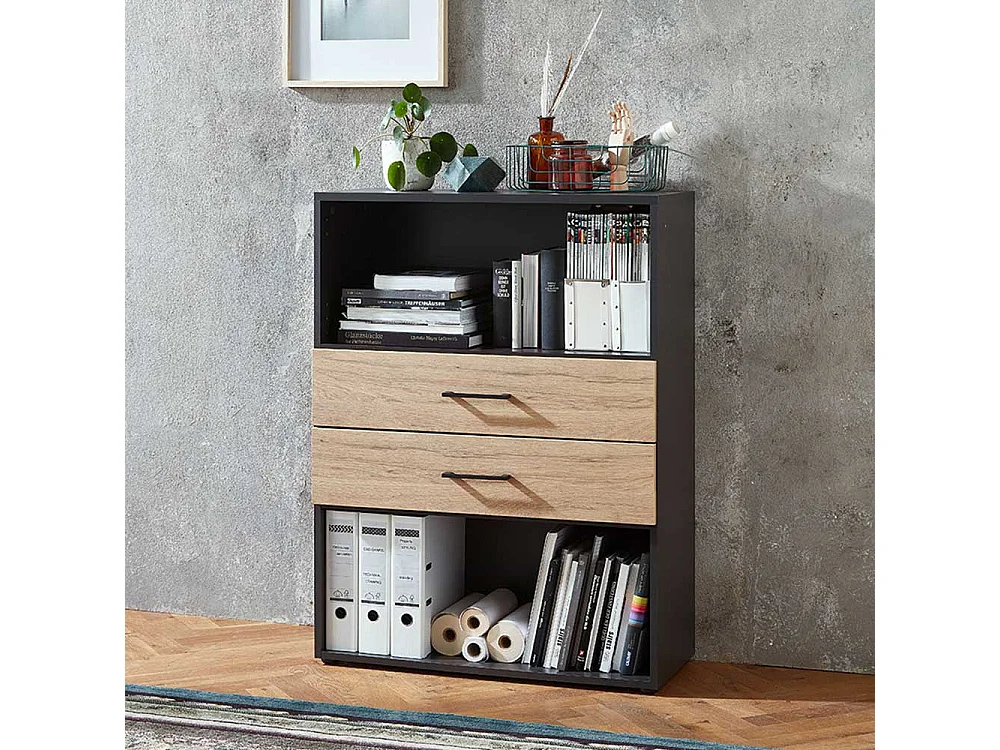 B�roregal mit Schubladen in Hickory Holzoptik Anthrazit