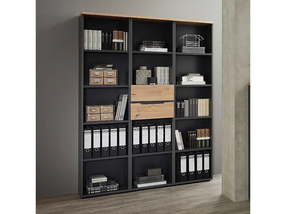 Ordnerregal hoch in Dunkelgrau & Wildeichefarben 45 cm breit