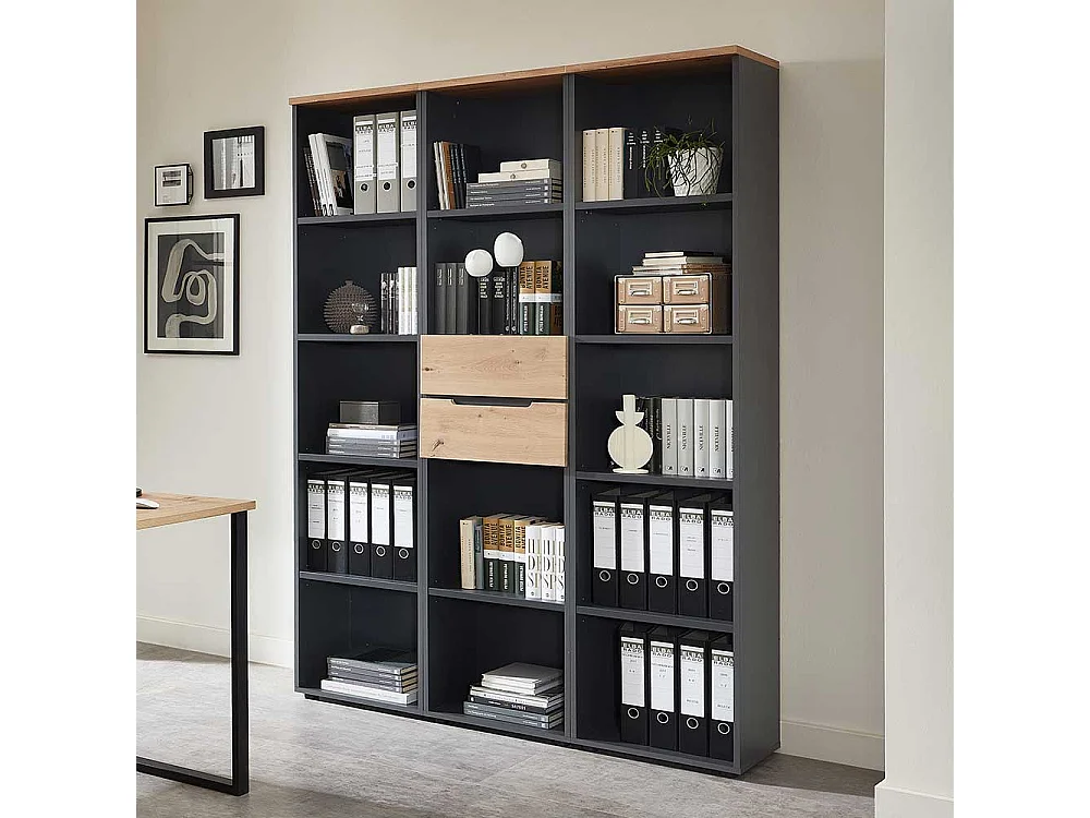 Ordnerregal hoch in Dunkelgrau & Wildeichefarben 45 cm breit