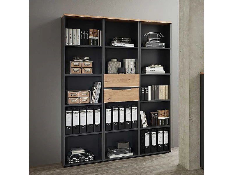 Büroregal Wand in Wildeichefarben Dunkelgrau (dreiteilig)