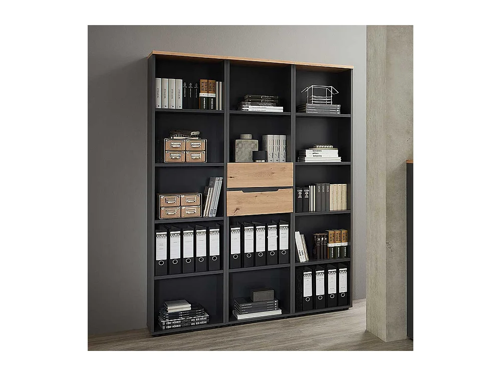 Büroregal Wand in Wildeichefarben Dunkelgrau (dreiteilig)