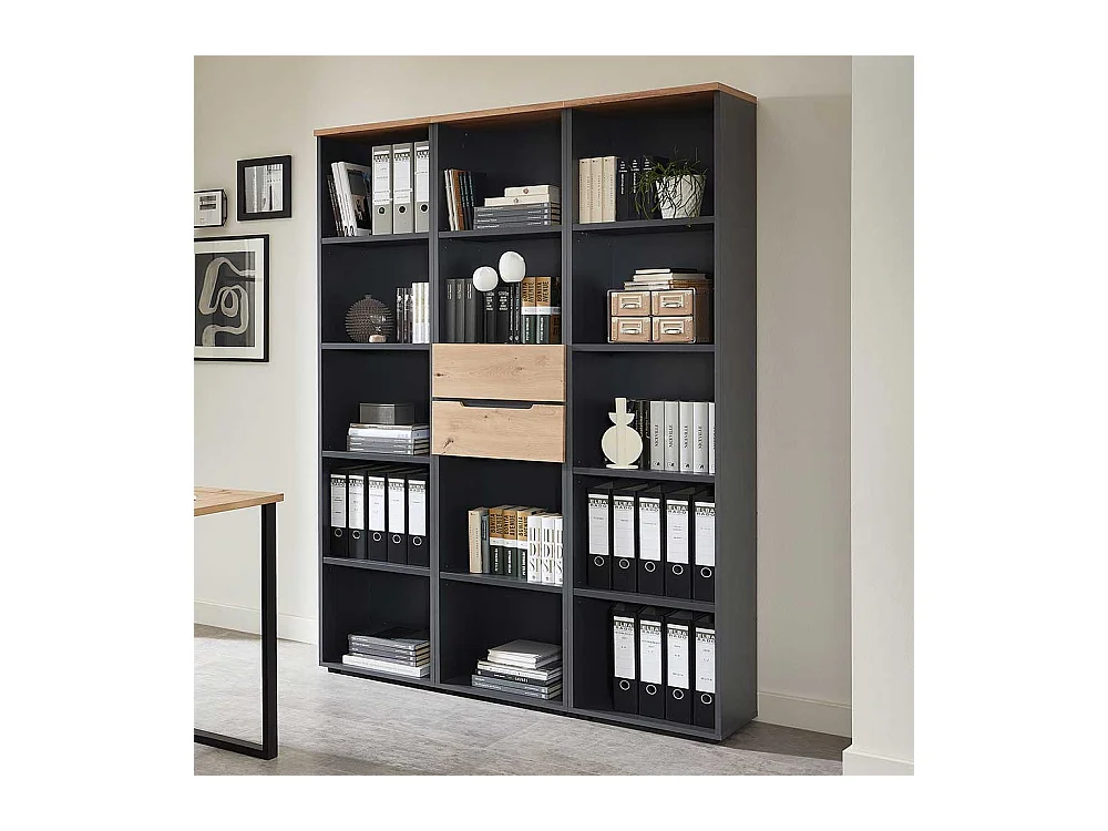 Büroregal Wand in Wildeichefarben Dunkelgrau (dreiteilig)