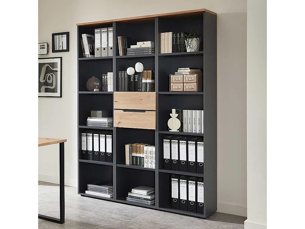 Büroregal Wand in Wildeichefarben Dunkelgrau (dreiteilig)