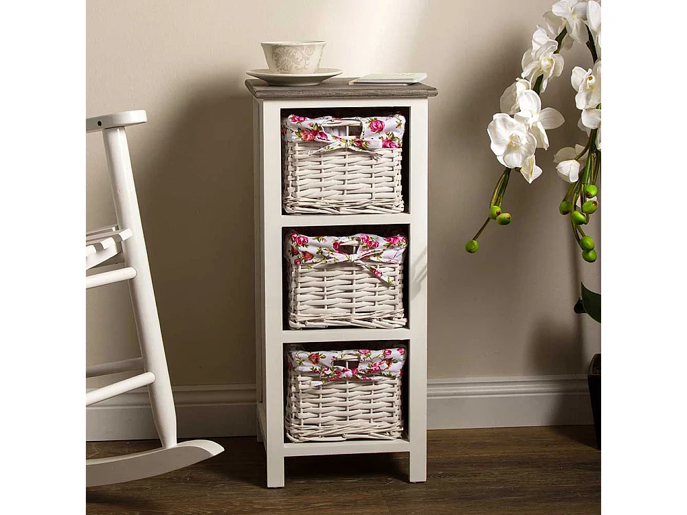Holz Regal Landhaus mit drei Flechtkörben 69 cm hoch - 31 cm breit