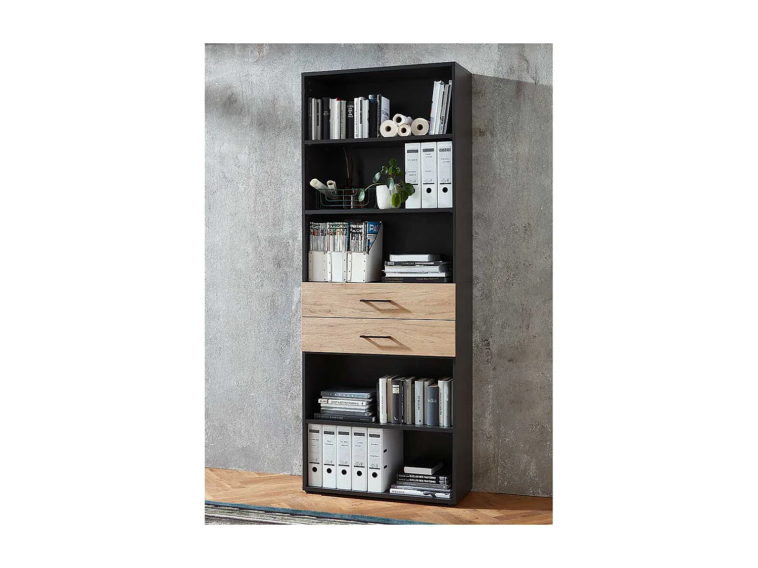 Hohes B�roregal mit zwei Schubladen R�ckwand