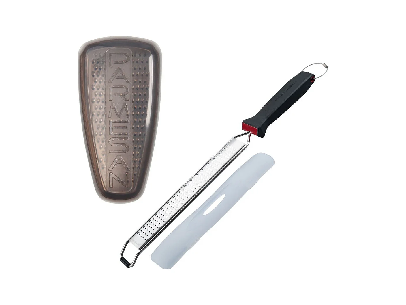 Duo Râpe à zeste longue à gros grain avec couvercle de protection 42 cm et Râpe à parmesan et sa boîte de rangement 19 cm FM Professional Gourmet