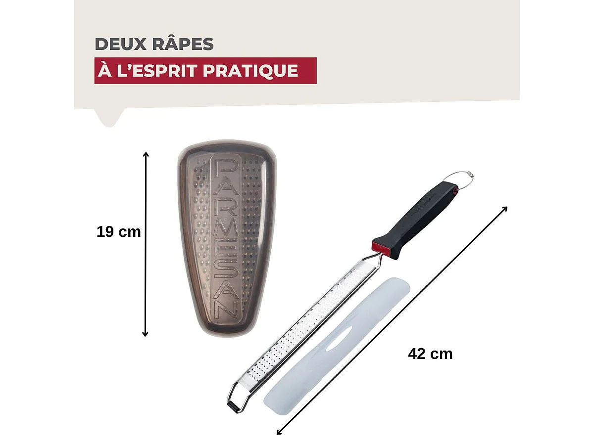 Duo Râpe à zeste longue à gros grain avec couvercle de protection 42 cm et Râpe à parmesan et sa boîte de rangement 19 cm FM Professional Gourmet