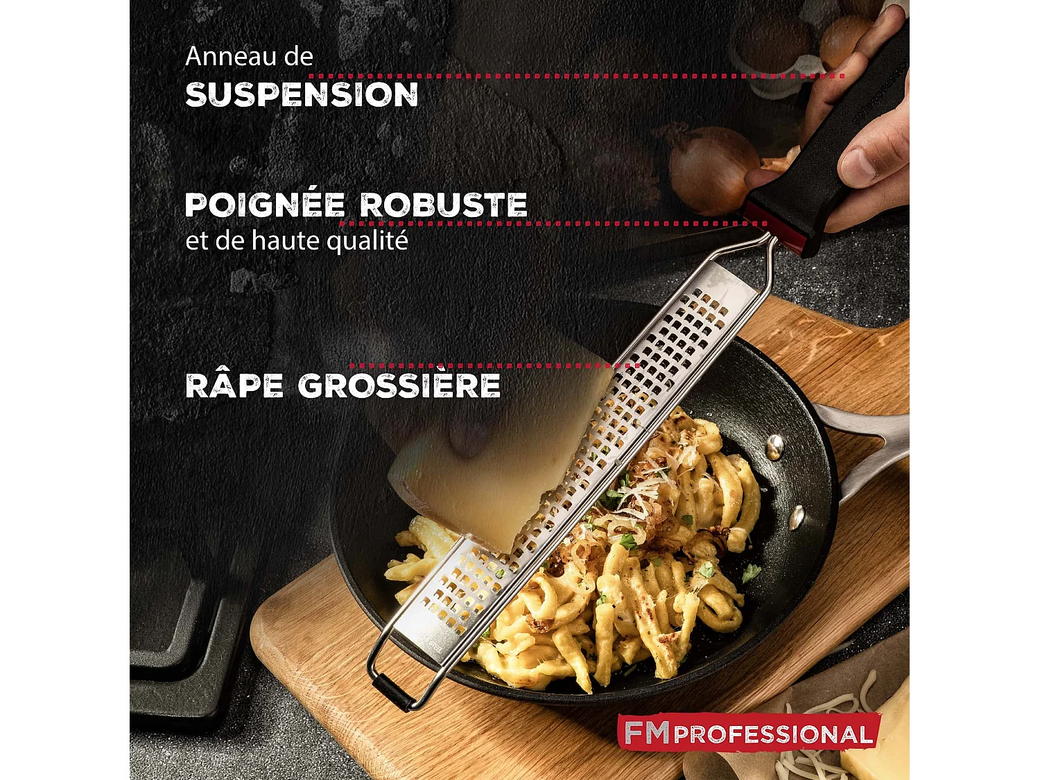 Duo Râpe à zeste longue à gros grain avec couvercle de protection 42 cm et Râpe à parmesan et sa boîte de rangement 19 cm FM Professional Gourmet