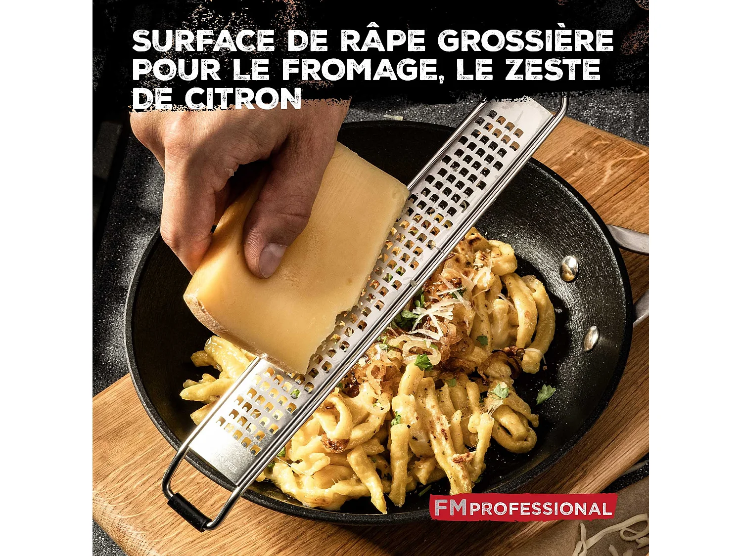Duo Râpe à zeste longue à gros grain avec couvercle de protection 42 cm et Râpe à parmesan et sa boîte de rangement 19 cm FM Professional Gourmet