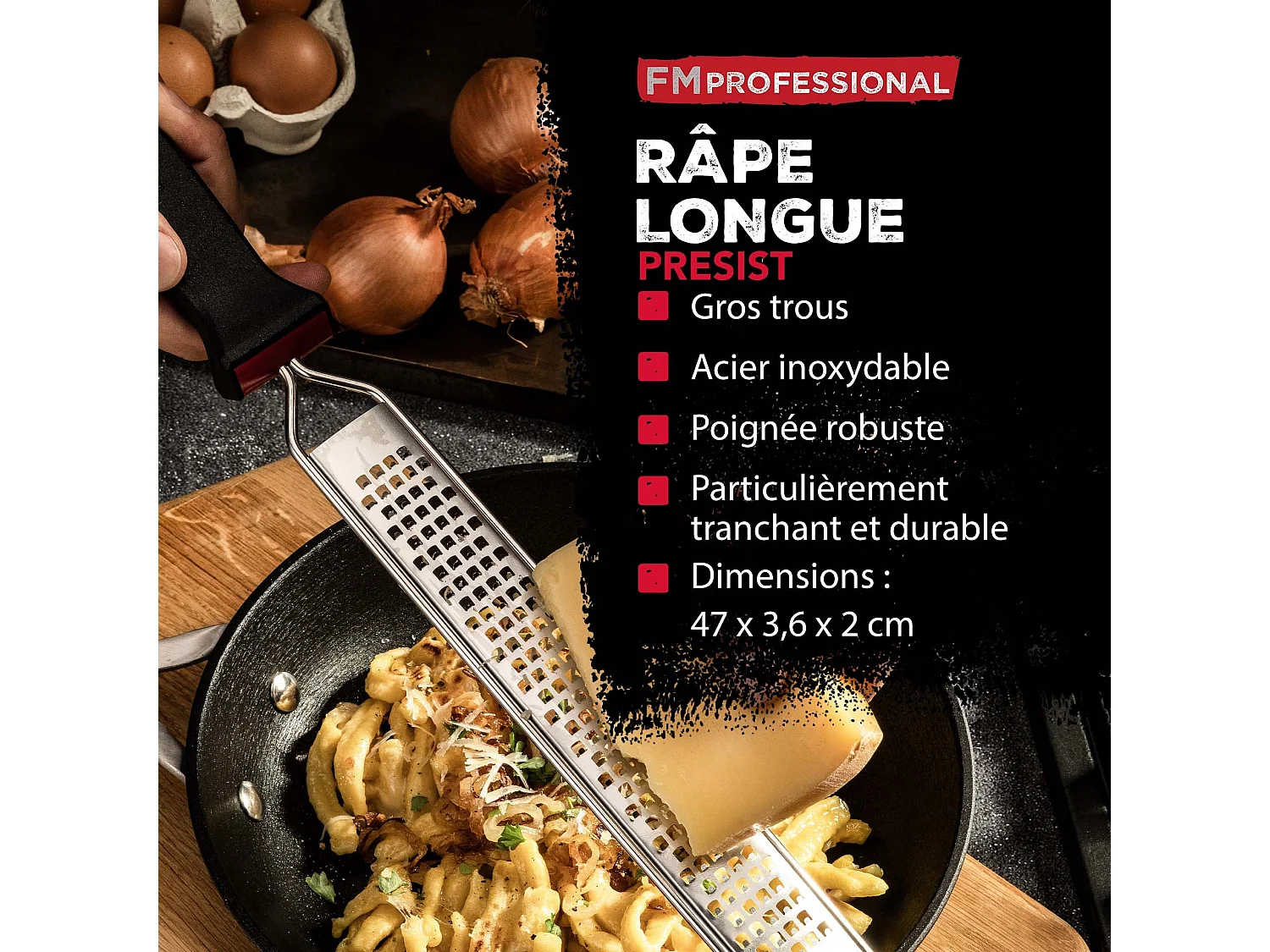 Duo Râpe à zeste longue à gros grain avec couvercle de protection 42 cm et Râpe à parmesan et sa boîte de rangement 19 cm FM Professional Gourmet