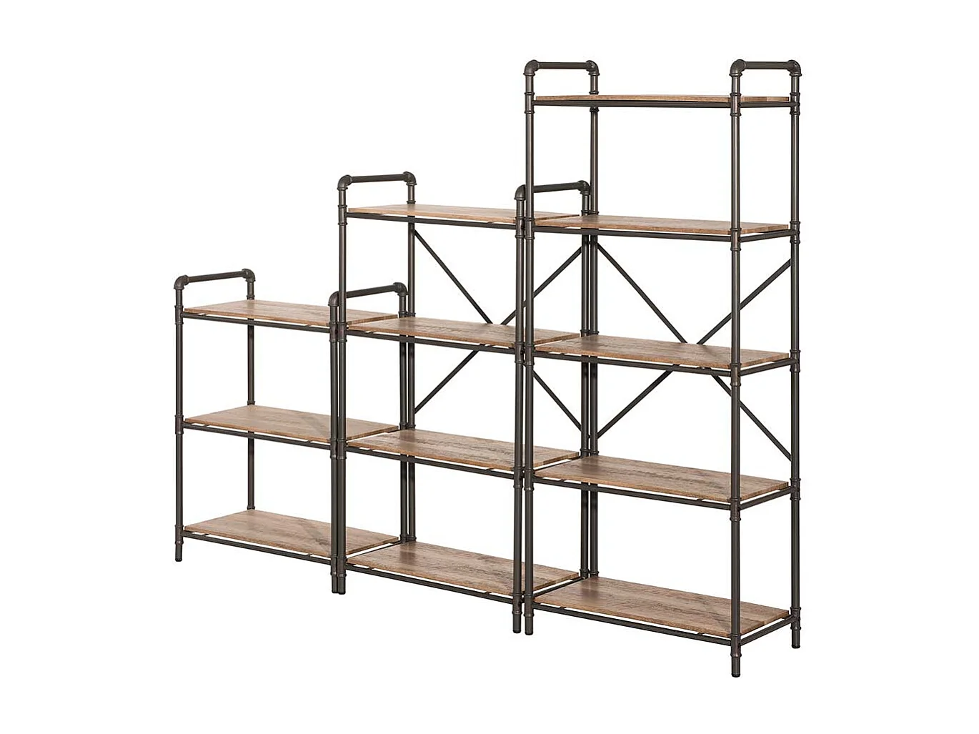 Raumteilerregale in Holz verwitterter Optik und Eisen 160 cm hoch (dreiteilig)