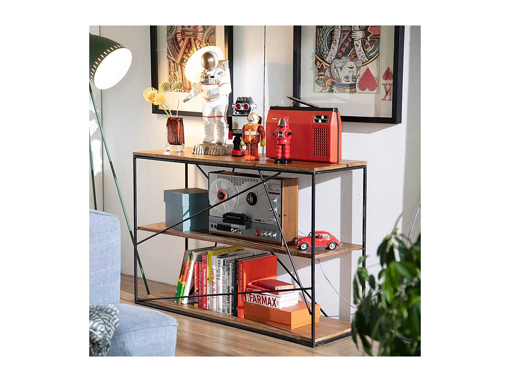 Wohnzimmer Regal aus Mangobaum Massivholz Stahl