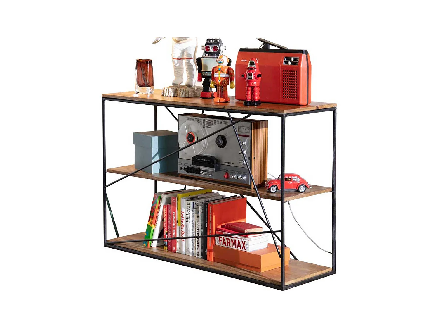 Wohnzimmer Regal aus Mangobaum Massivholz Stahl