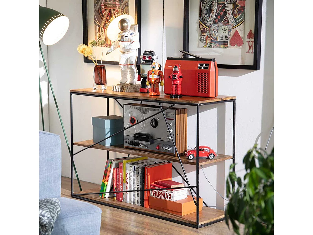 Wohnzimmer Regal aus Mangobaum Massivholz Stahl