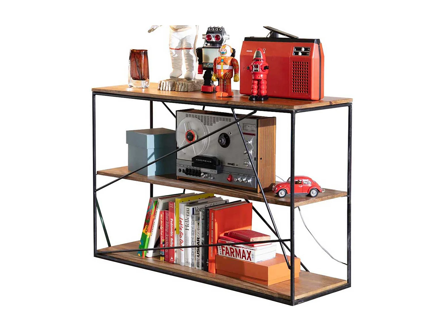 Wohnzimmer Regal aus Mangobaum Massivholz Stahl