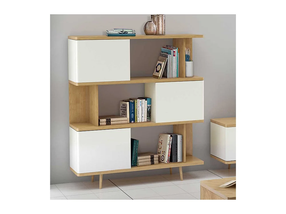 Raumteiler Regal in Weiß und Eichefarben Skandi Design