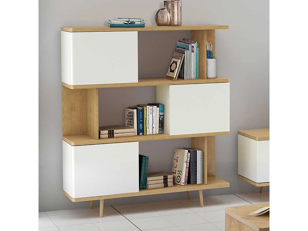 Raumteiler Regal in Weiß und Eichefarben Skandi Design