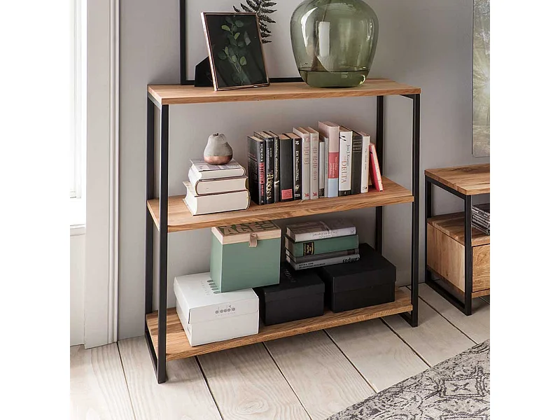 Wohnzimmer Regal aus Wildeiche Massivholz und Stahl modern