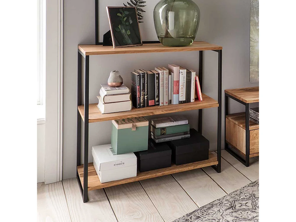 Wohnzimmer Regal aus Wildeiche Massivholz und Stahl modern