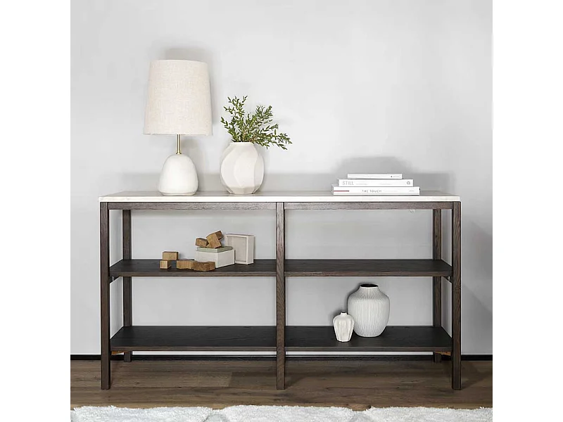 Modernes Esszimmer Regal in Eiche dunkel Marmorplatte in Beige