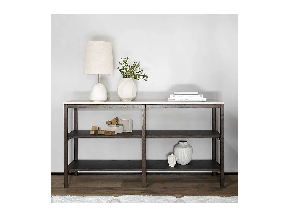 Modernes Esszimmer Regal in Eiche dunkel Marmorplatte in Beige