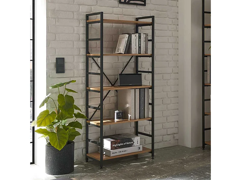 Factory Bücher Regal in Wildeichefarben und Schwarz Industry und Loft Stil