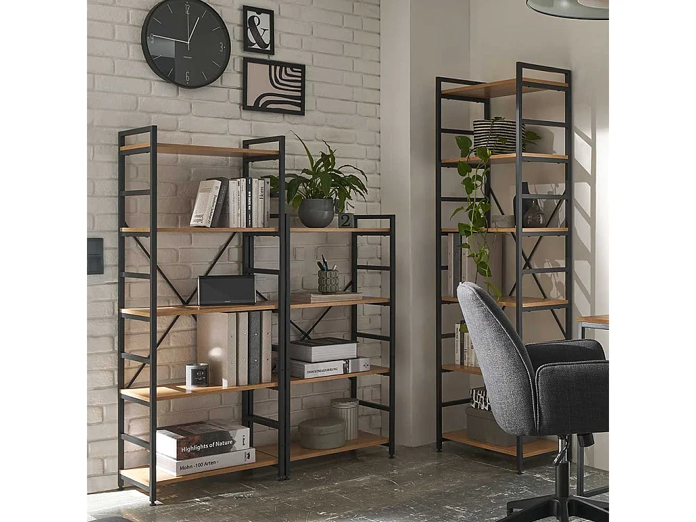 Factory Bücher Regal in Wildeichefarben und Schwarz Industry und Loft Stil