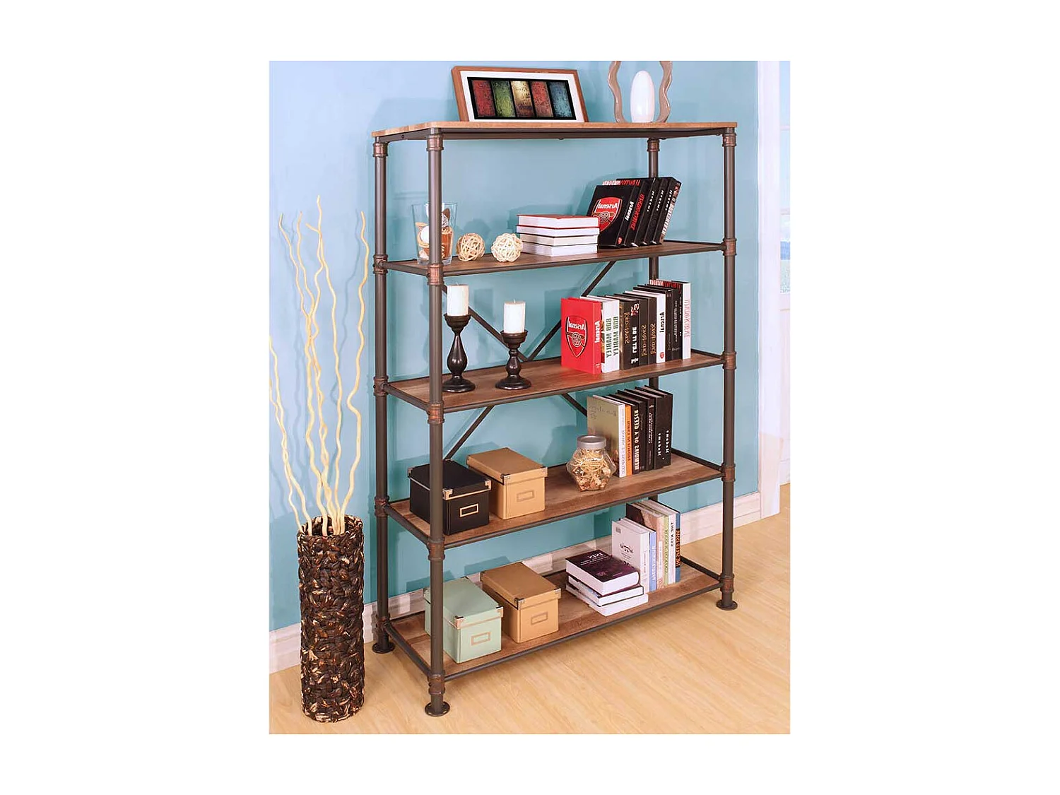 Wohnzimmer Regal in Holz verwitterter Optik und Eisen 180 cm hoch