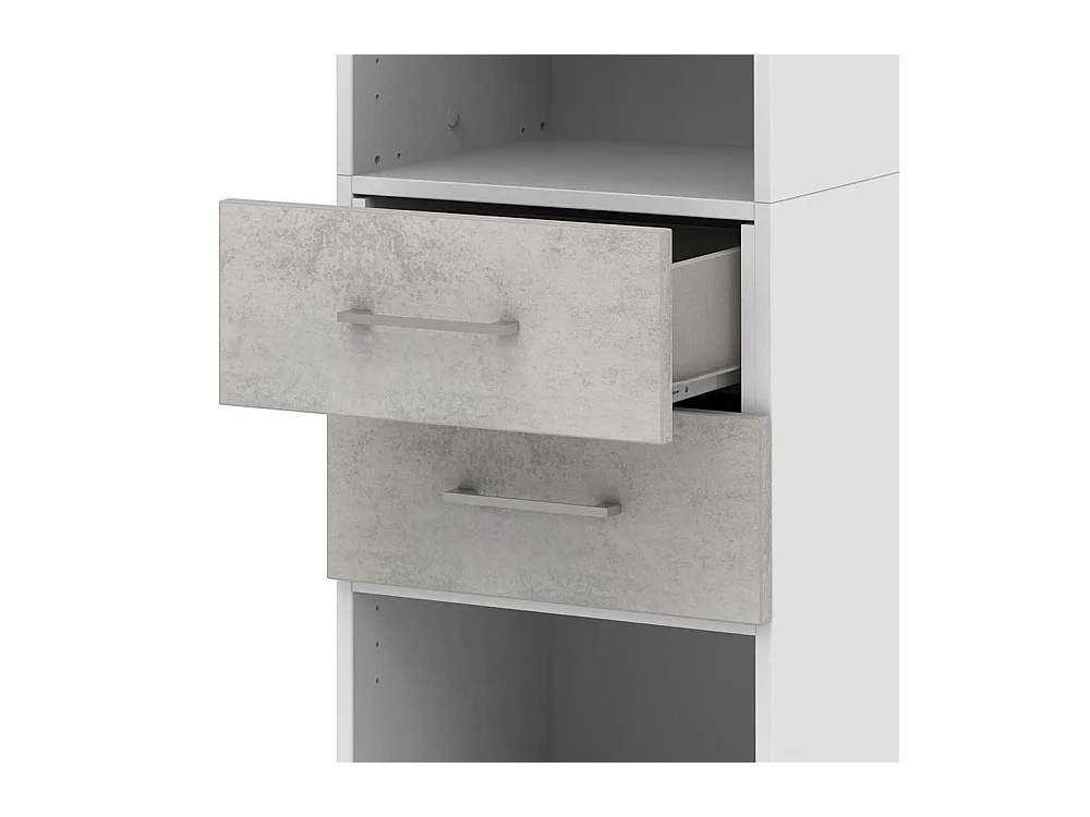 Schmales B�roregal mit zwei Schubladen offenen F�chern