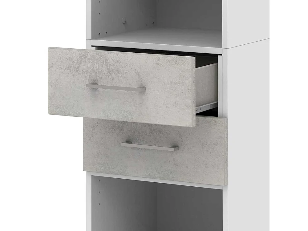 Schmales B�roregal mit zwei Schubladen offenen F�chern