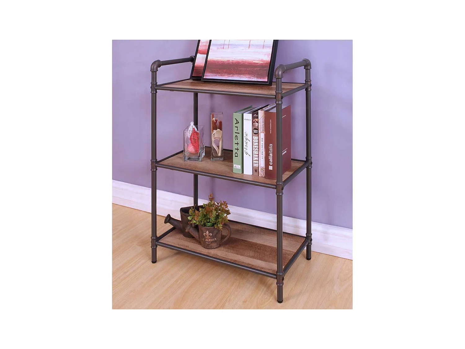 Industriedesign Regal in Schwarz und Holz verwitterter Optik 90 cm hoch